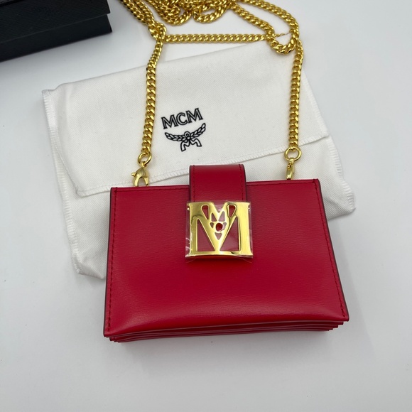 NEW MCM Mena cardholder leather wallet with chain bag in red full set - Picture 2 of 15